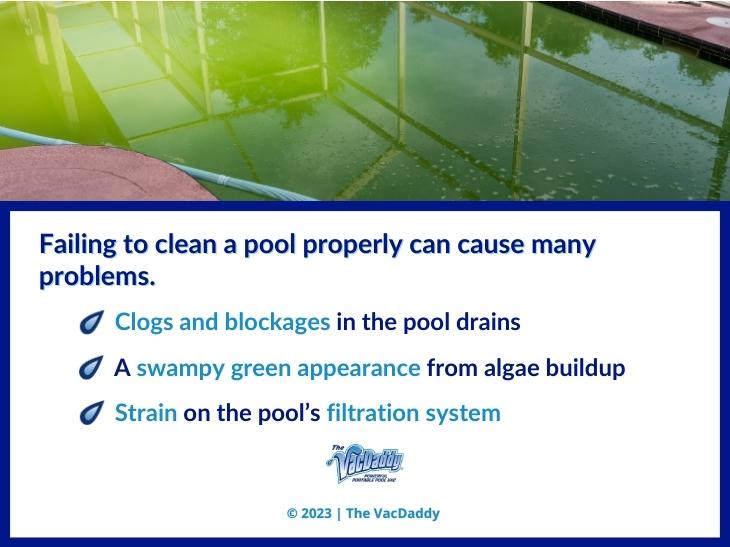 Callout 3: Murky green pool water- failing to clean a pool properly causes problems- 3 listed